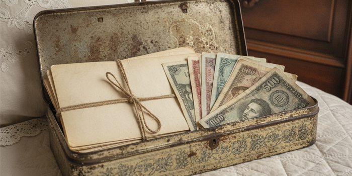 Caja de hojalata con cartas de los años 40 y pesetas hallada en una mudanza en Santurtzi