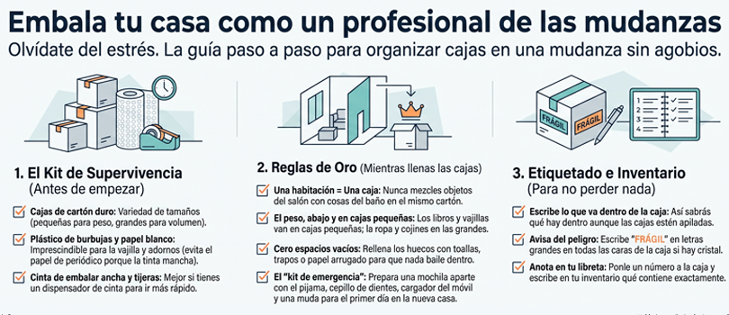 Checklist para organizar las cajas de una mudanza: kit de embalaje, reglas de oro y etiquetado e inventario — Mudanzas Carlos Rodríguez